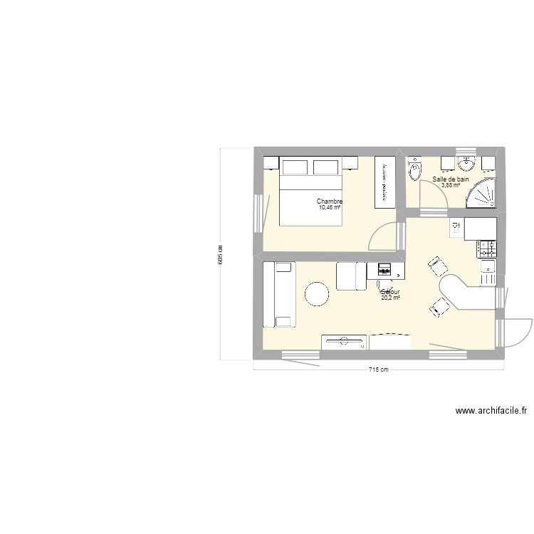 M 35 I aménagement. Plan de 3 pièces et 35 m2
