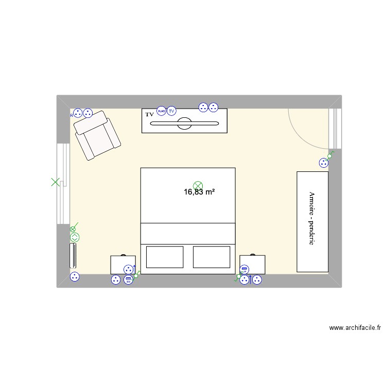 chbre ouest. Plan de 1 pièce et 17 m2