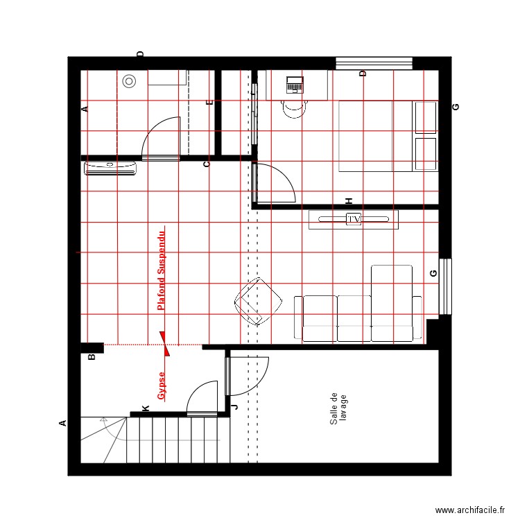 daigle s-sol Plafond. Plan de 1 pièce et 55 m2