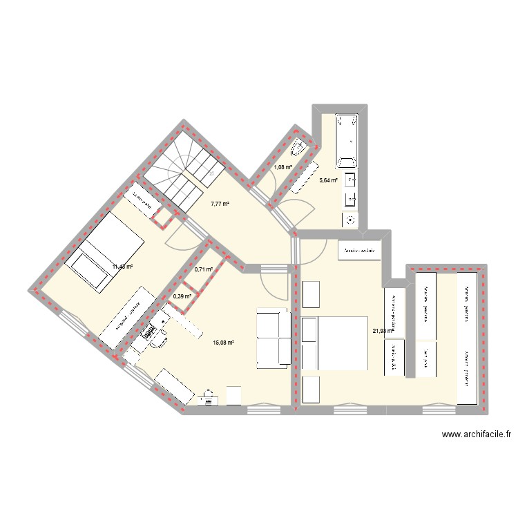 1er étage. Plan de 8 pièces et 64 m2