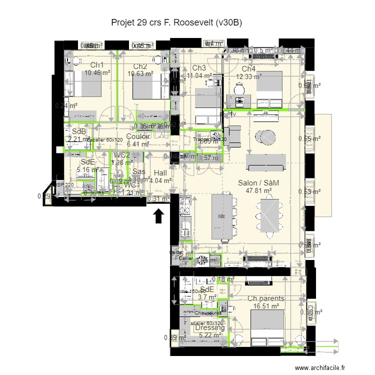 29 crs FR v30B. Plan de 44 pièces et 154 m2