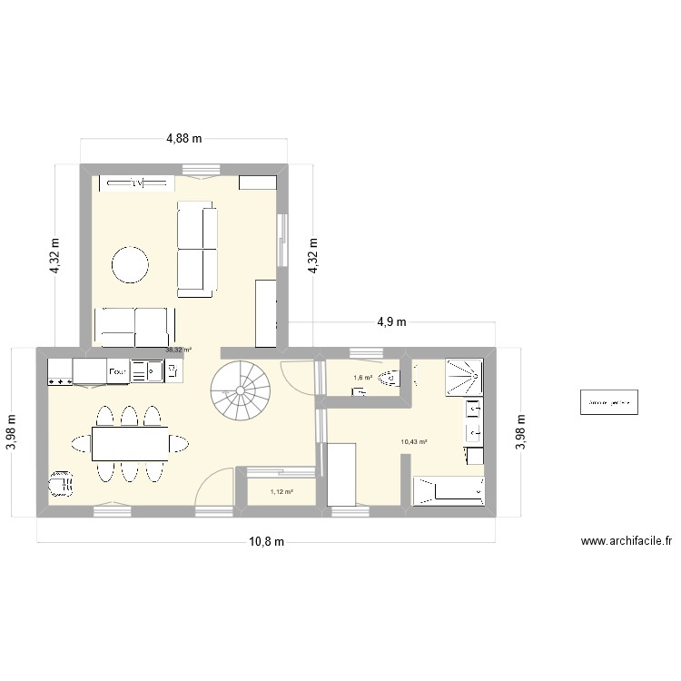 RDC Vieille maison 4P. Plan de 4 pièces et 51 m2