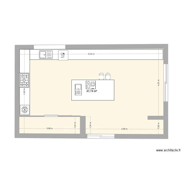 cuisine. Plan de 1 pièce et 42 m2