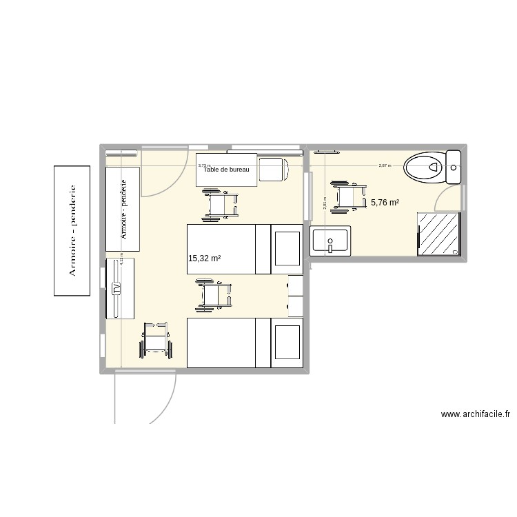 quetelbach. Plan de 2 pièces et 21 m2