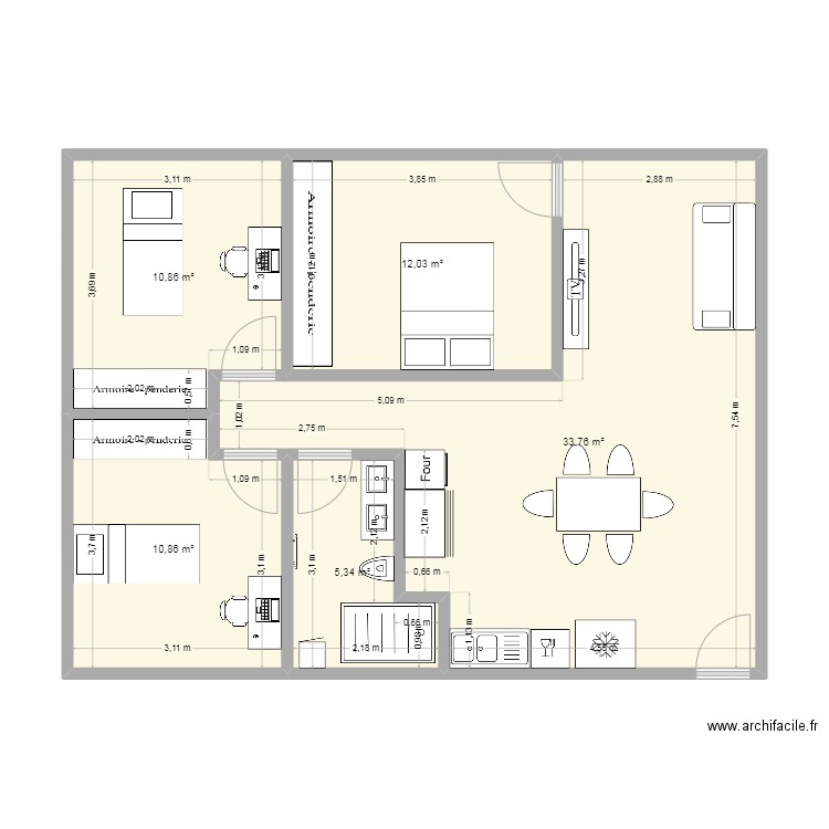 maison 3 chambres. Plan de 5 pièces et 73 m2