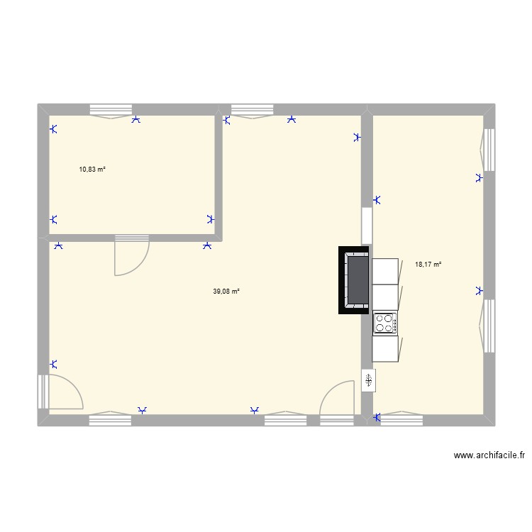 Charroux séjour-chambre-cuisine rdc v.2 prises. Plan de 3 pièces et 68 m2