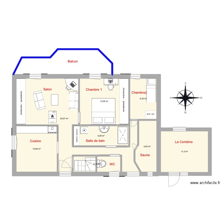 Appartement Commeire REZ. Plan de 8 pièces et 83 m2