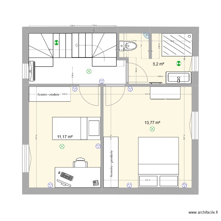 R+1. Plan de 3 pièces et 30 m2