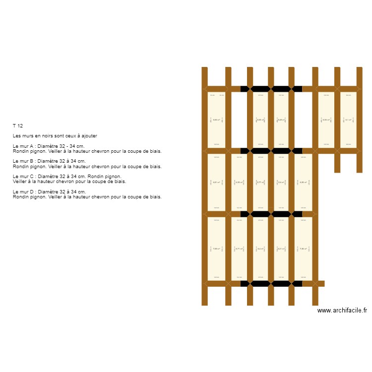 Plan T 12. Plan de 15 pièces et 95 m2