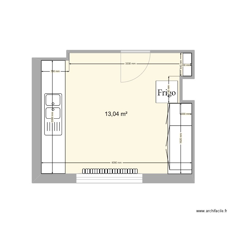 cuisine. Plan de 1 pièce et 13 m2