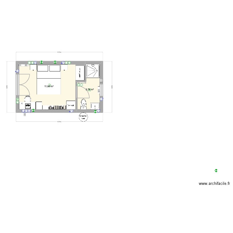 salle de bain annexe. Plan de 2 pièces et 15 m2