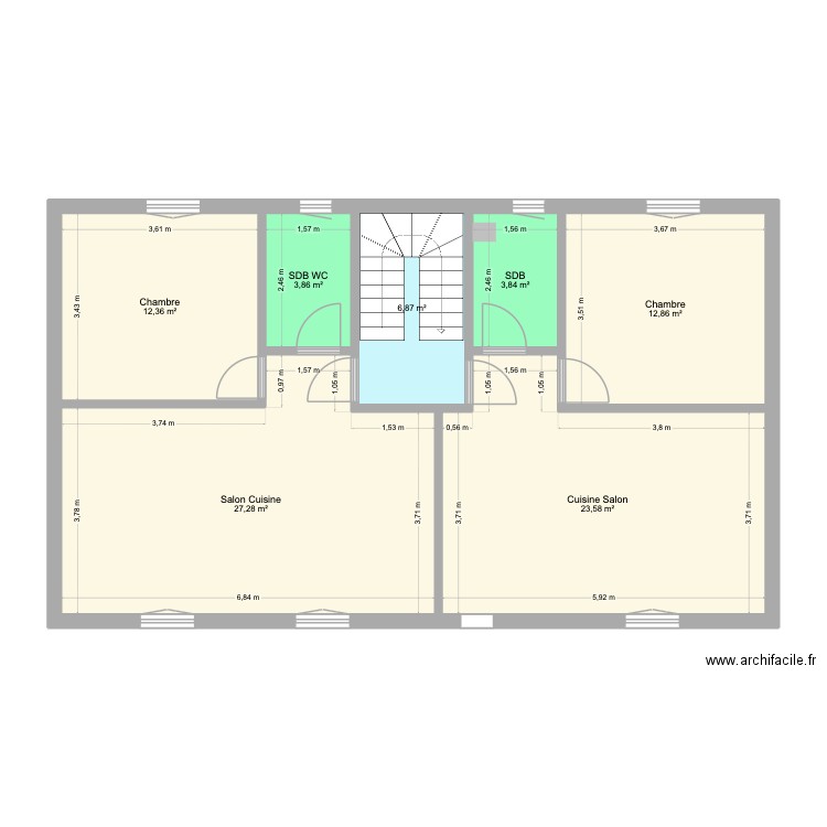 Plan 1er étage après travaux 2 T2. Plan de 7 pièces et 91 m2