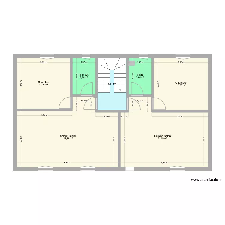 Plan 1er &eacute;tage apr&egrave;s travaux 2 T2. Plan de 7 pièces et 91 m²