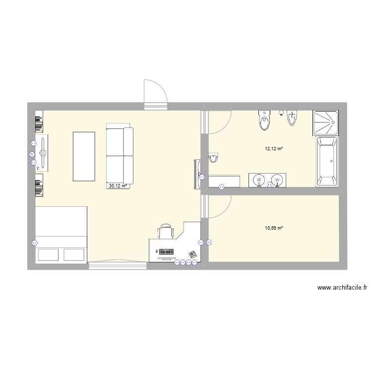 room 1 +. Plan de 3 pièces et 53 m2