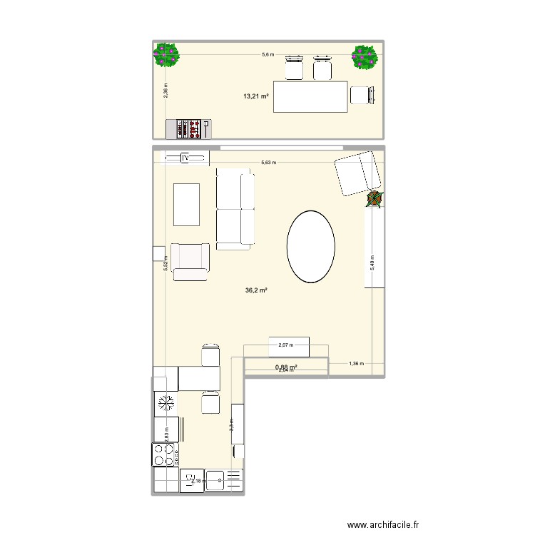 sejour 1. Plan de 3 pièces et 50 m2