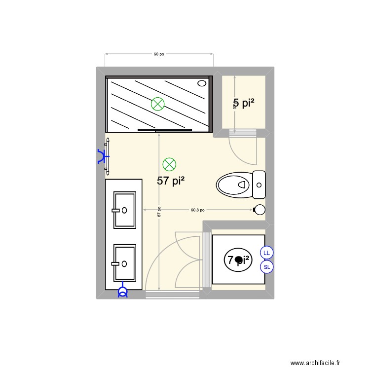 salle de bain. Plan de 3 pièces et 6 m2