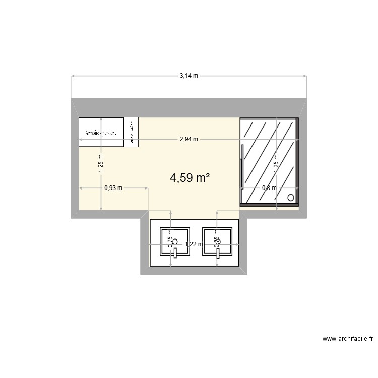 Salle de bain version basique. Plan de 1 pièce et 5 m2