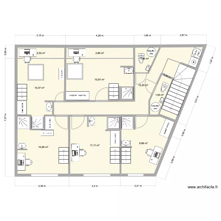etage avec salles d\'eau sans mezzanine v2. Plan de 11  et 76 m²