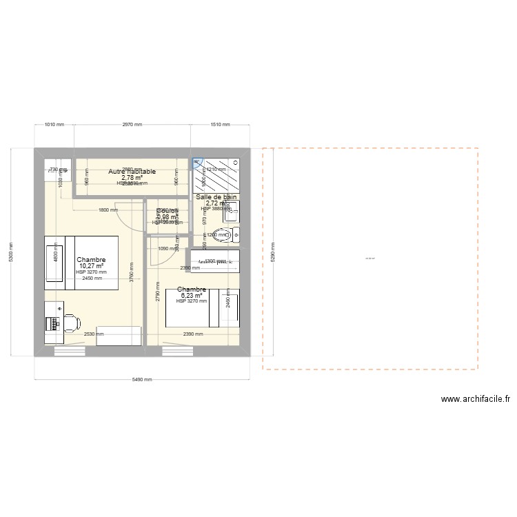 domingo. Plan de 6 pièces et 47 m2