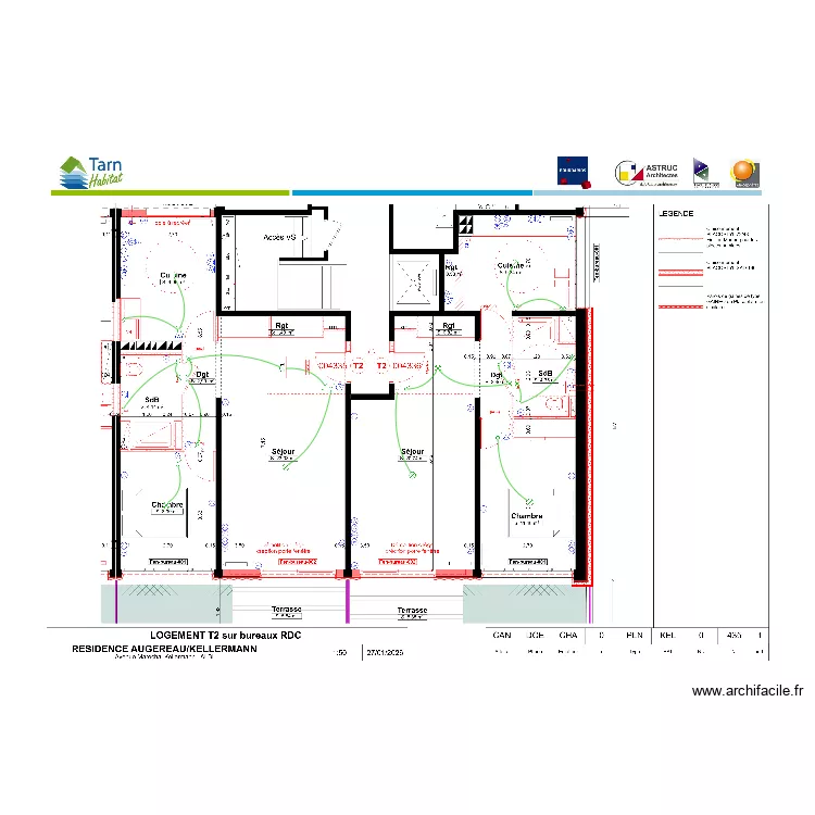 Logement T2 sur bureaux RDC. Plan de 