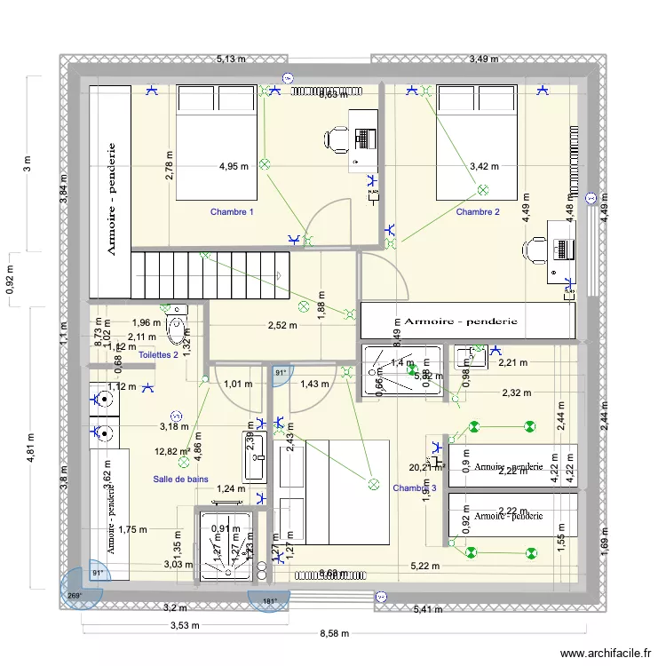 2e &eacute;tage douche longueur. Plan de 6  et 68 m²