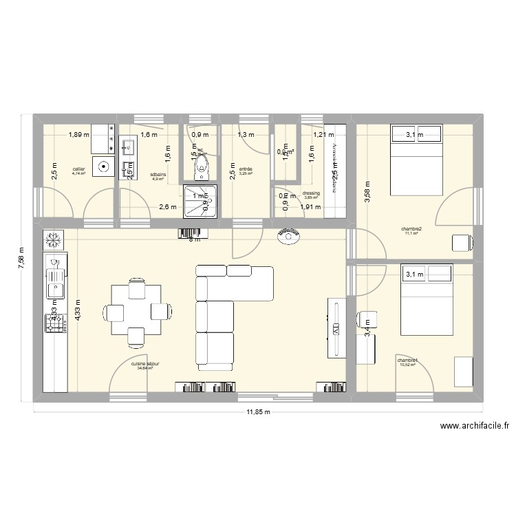 2 CH simple. Plan de 9 pièces et 75 m2