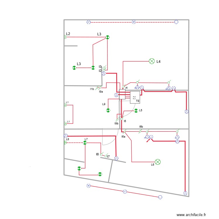 lumInaire + prises R+1  a finir. Plan de 3 pièces et 52 m2