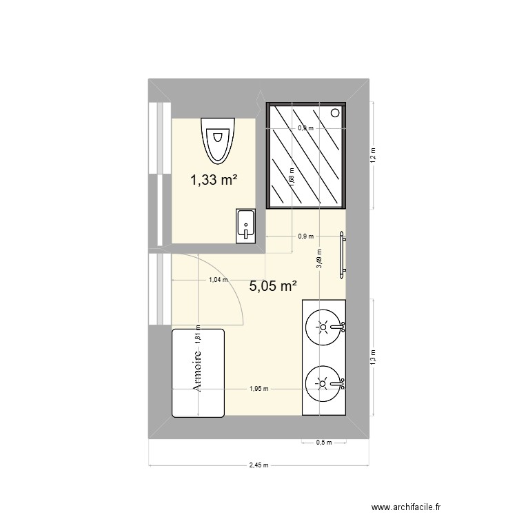 Salle de bain. Plan de 2 pièces et 6 m2