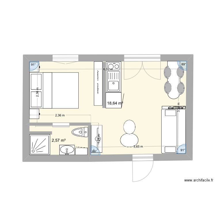 Studio. Plan de 2 pièces et 21 m2