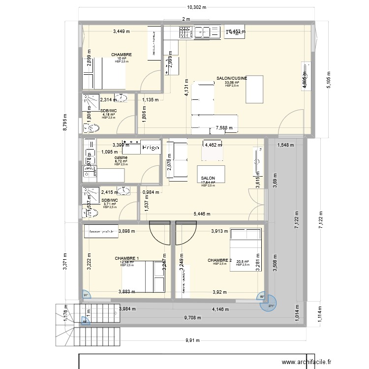 extension R1 A MODIFIER. Plan de 9 pièces et 121 m2