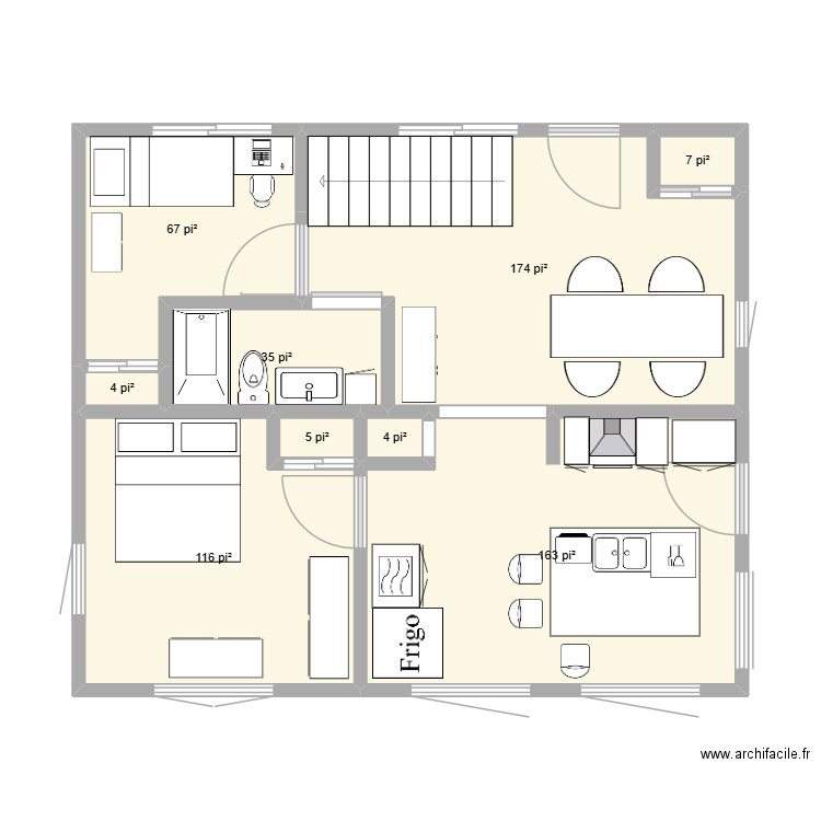 Rez-de-chaussée. Plan de 9 pièces et 53 m2