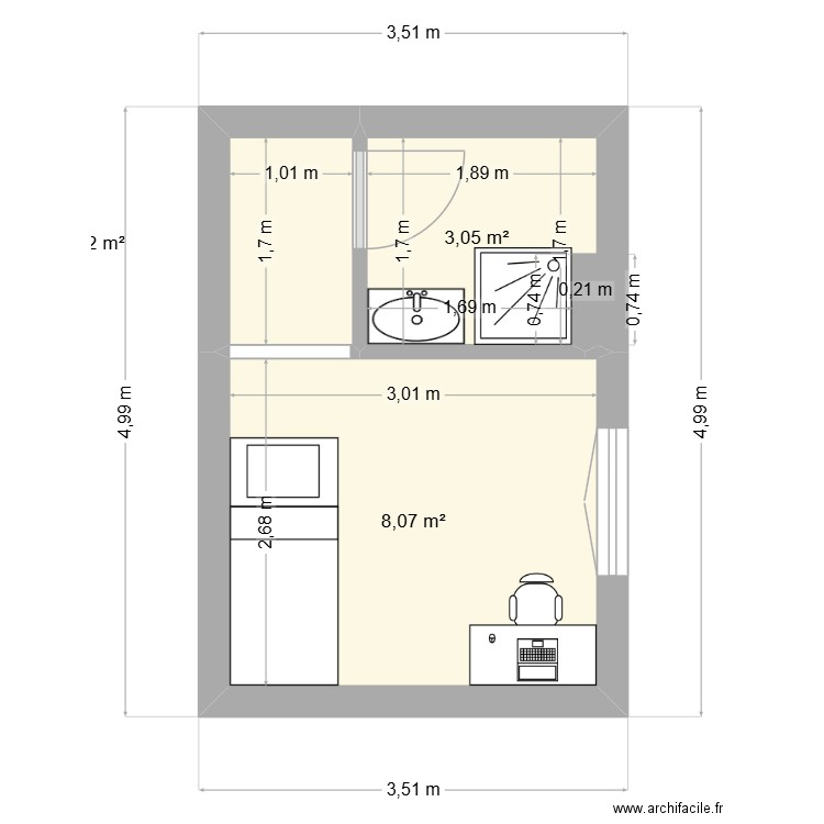 Chambre H. Plan de 3 pièces et 13 m2