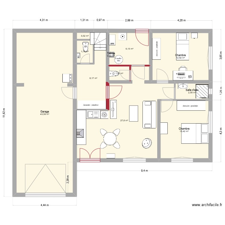 SP3C projet. Plan de 11 pièces et 118 m2