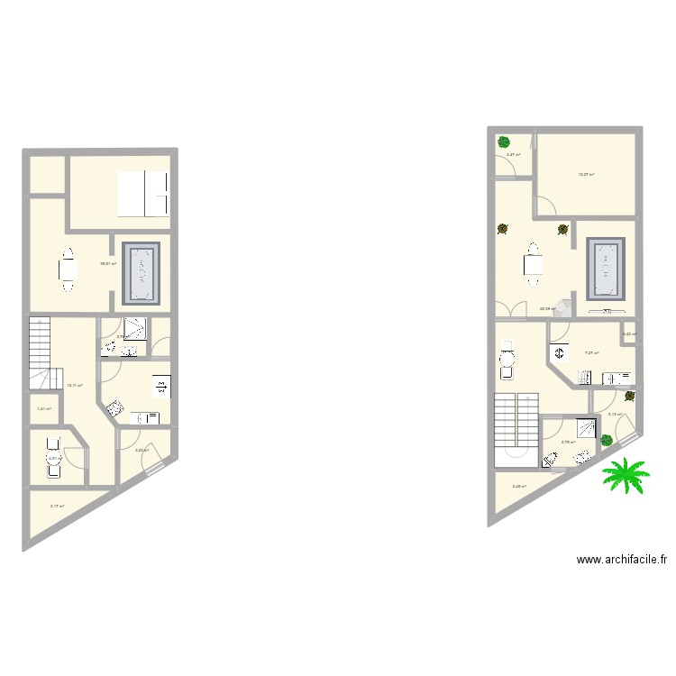 0001. Plan de 15 pièces et 134 m2