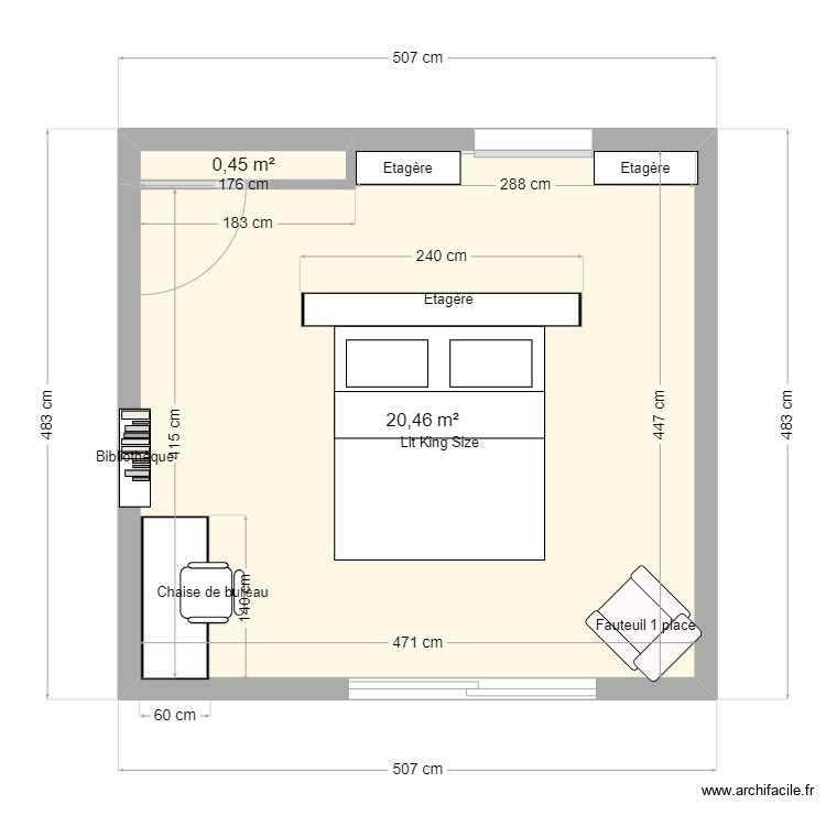 CHAMBRE - Plan 2 pièces 21 m2 dessiné par MAGREEN