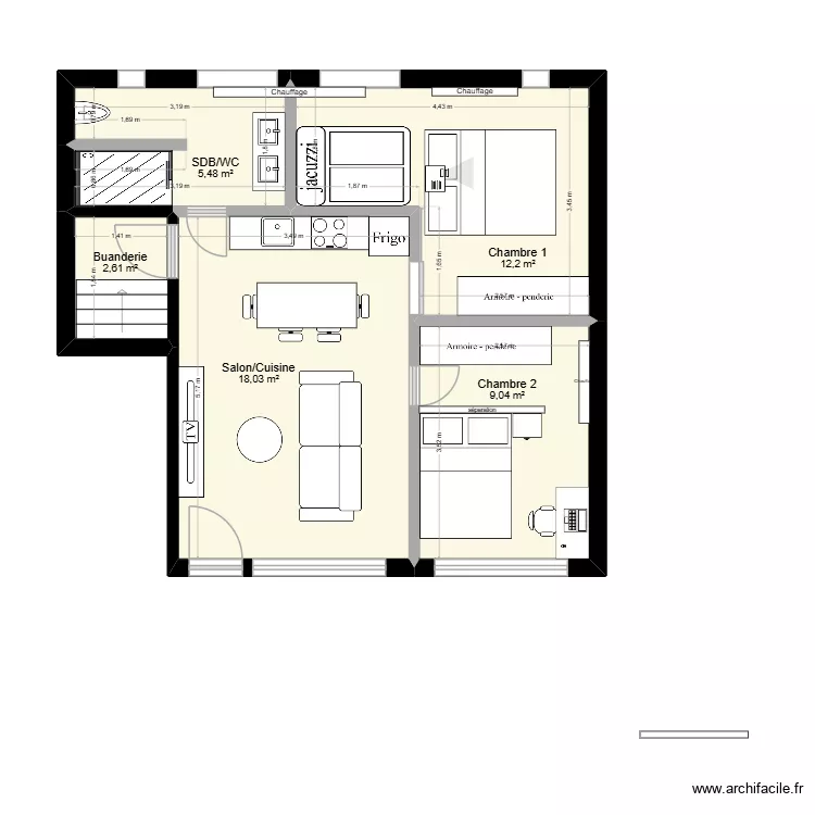 Plessis 46m&sup2; plan 2. Plan de 5  et 47 m²