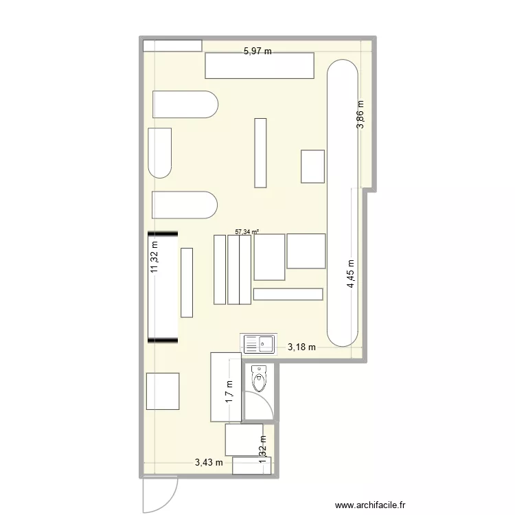Local. Plan de 1  et 57 m²
