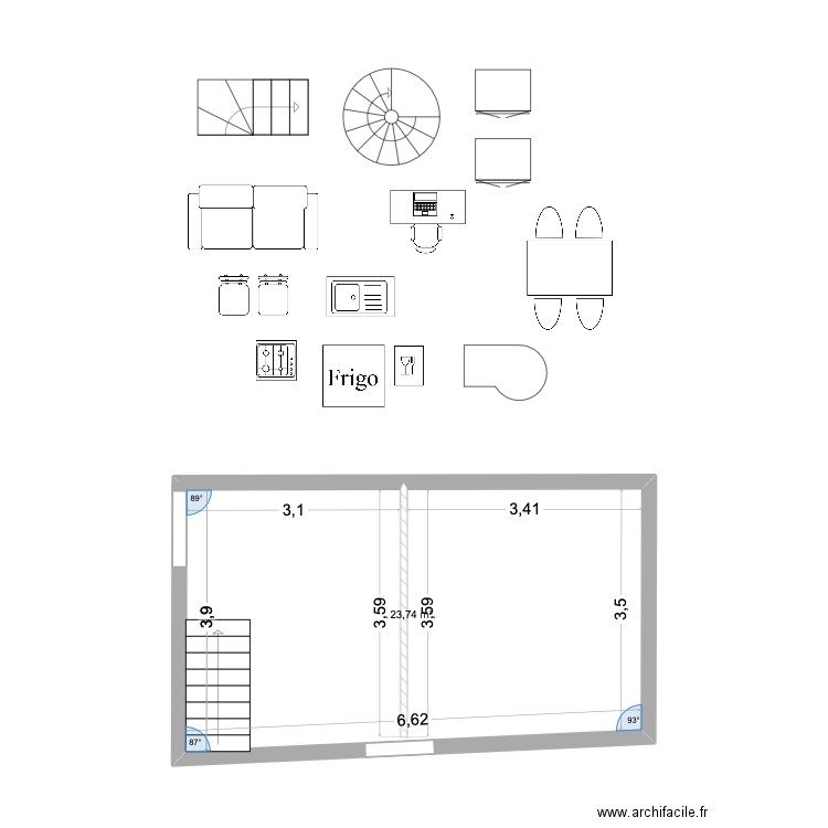 NRS 1ER. Plan de 1 pièce et 24 m2