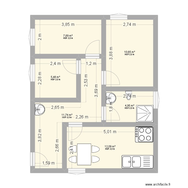 123. Plan de 6 pièces et 53 m2