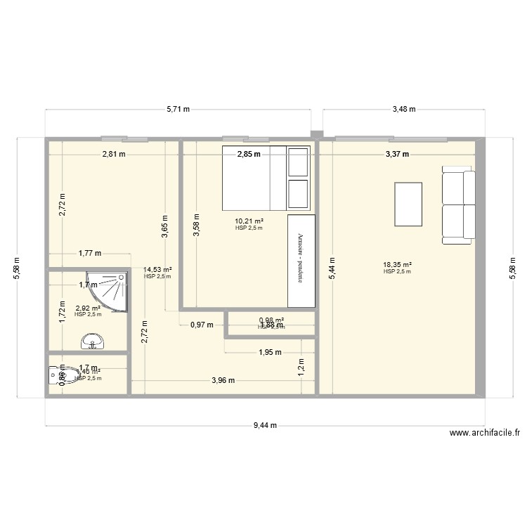 appart Math. Plan de 6 pièces et 48 m2