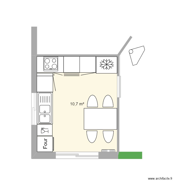 cuisine. Plan de 1 pièce et 11 m2