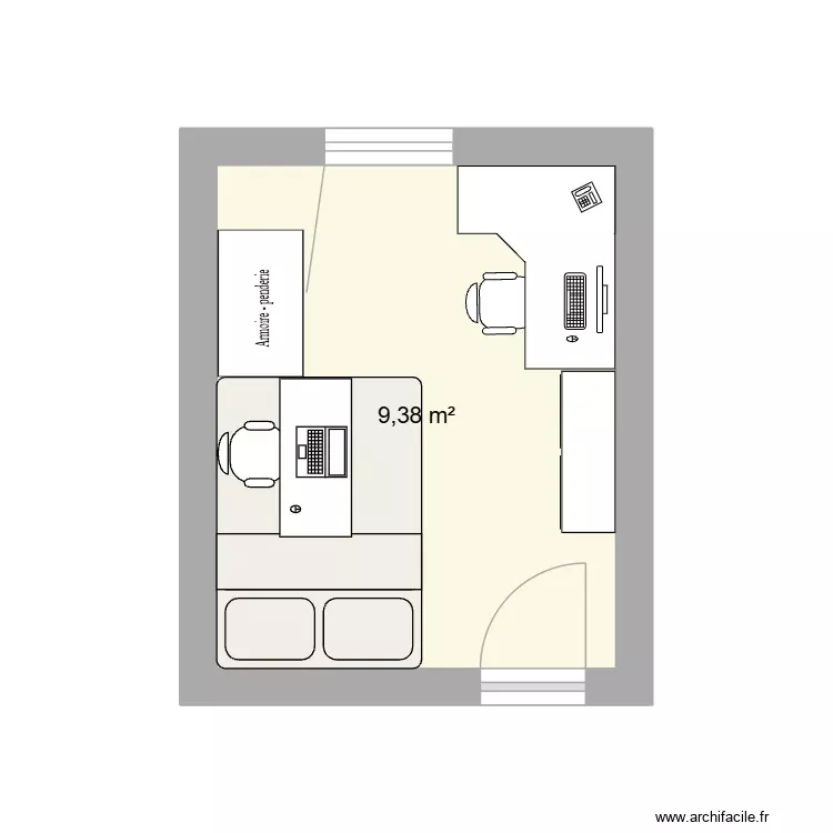Chambre apr&egrave;s. Plan de 1 Pièce et 9 m²