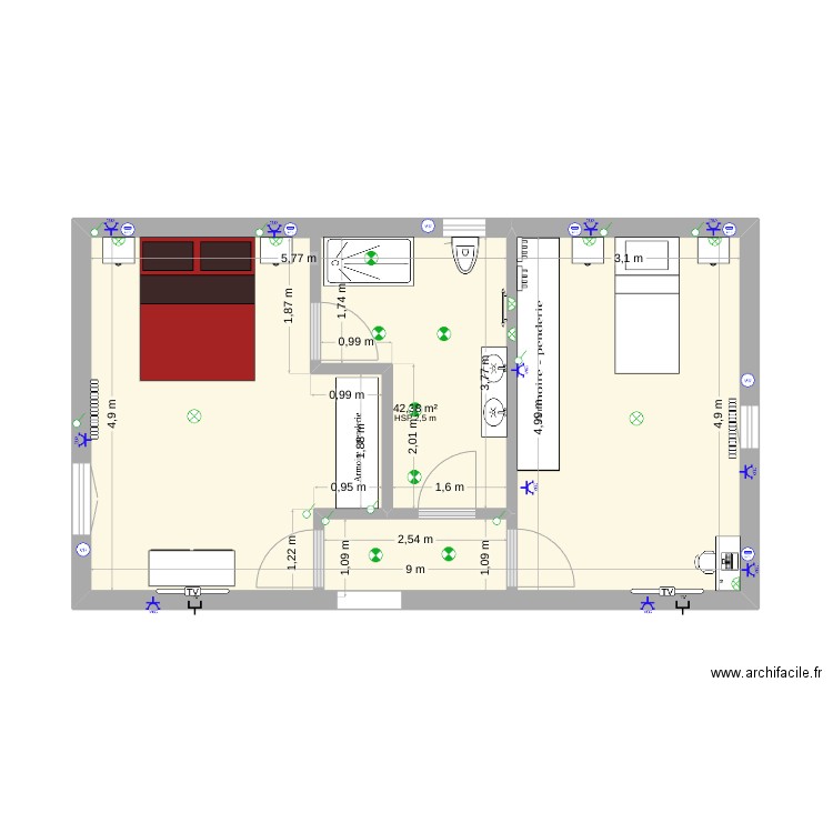 Hypothèse 4. Plan de 1 pièce et 42 m2