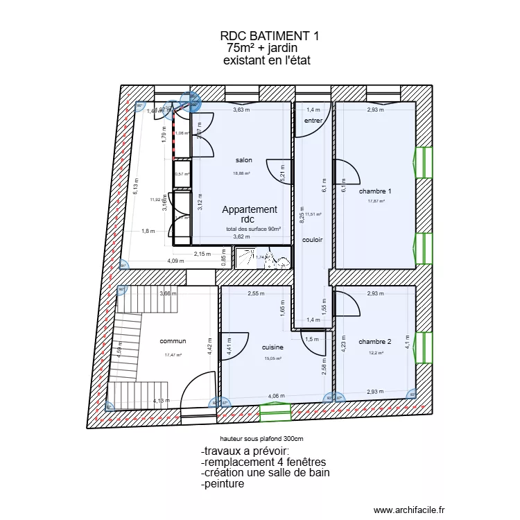 RDC B&acirc;timent 1 sdb nord + alcove. Plan de 11  et 109 m²