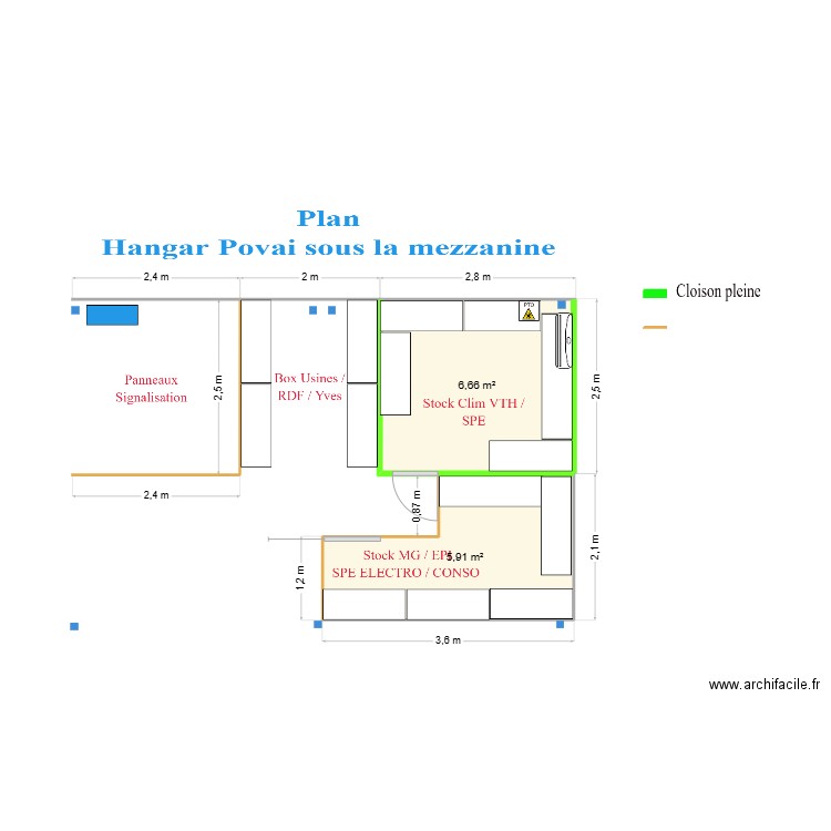 Plan Hangar Povai sous mezzanine. Plan de 2 pièces et 13 m2