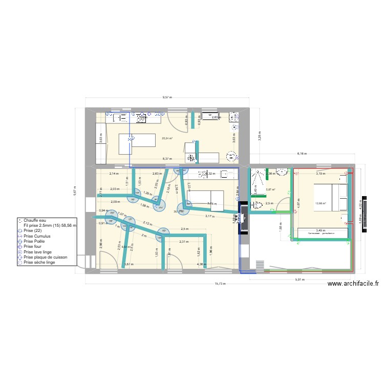 Future Pension - Partie Prises de courant. Plan de 5 pièces et 90 m2
