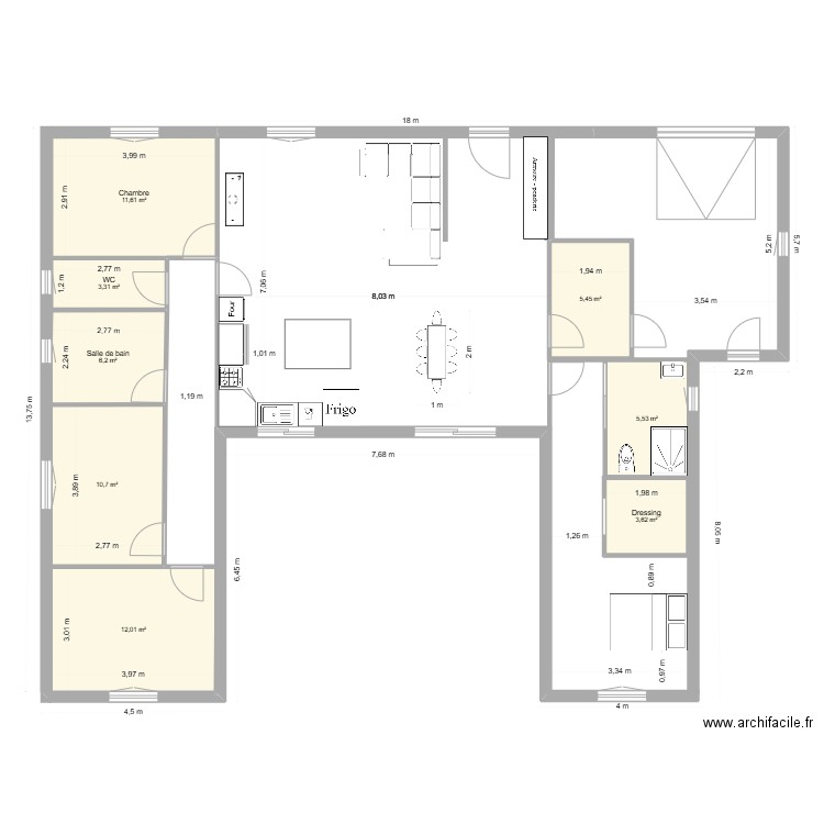 projet. Plan de 8 pièces et 58 m2