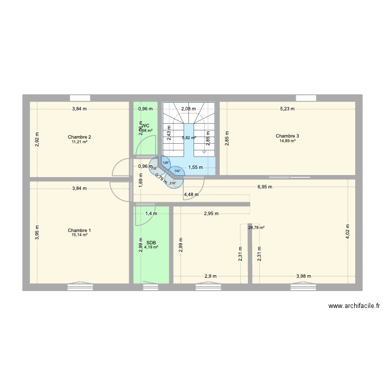 Plan 2eme étage avant travaux. Plan de 7 pièces et 83 m2