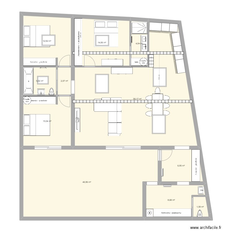 Projet Mairie Roanne. Plan de 11 pièces et 173 m2