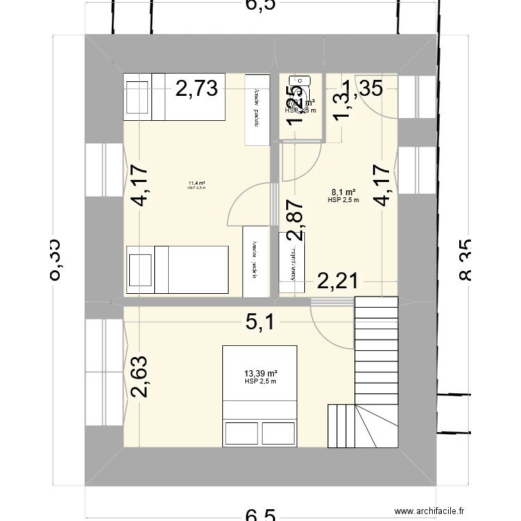 Longere escalier nord poele centre. Plan de 5 pièces et 68 m2